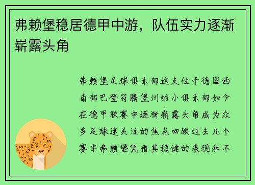 弗赖堡稳居德甲中游，队伍实力逐渐崭露头角
